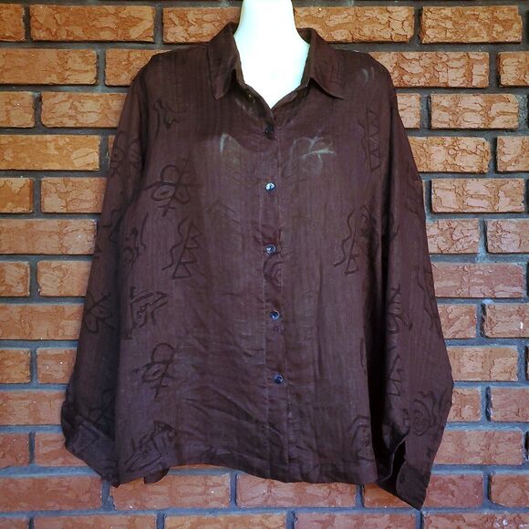 Chicos Button Up Shirt Sz 2 (L 12) Brown Linen Silk Blend Semi Sheer Lightweight - Picture 1 of 9